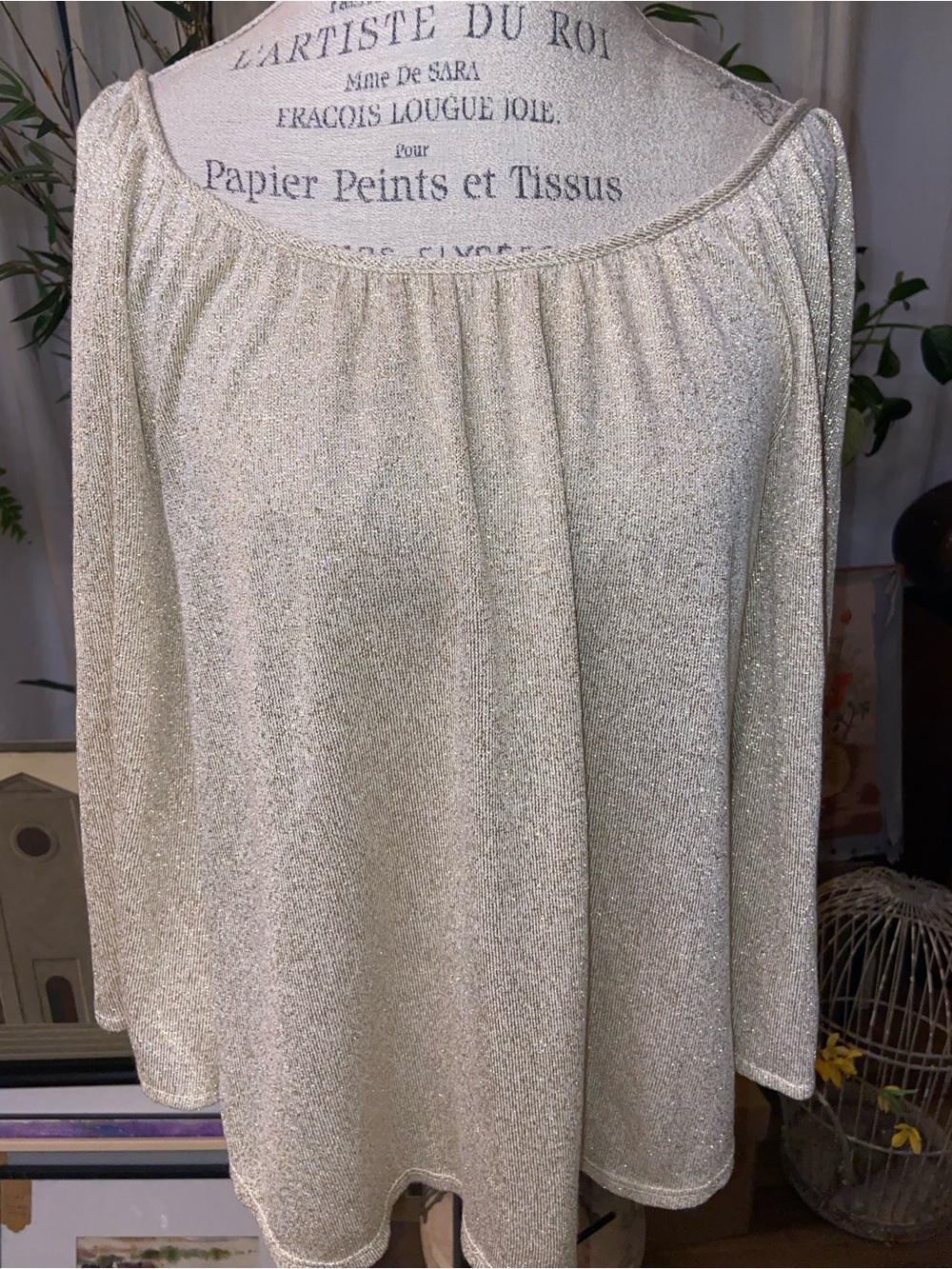 Sparkle Off-Shoulder Metallic Cream Women's dolman sleeve  open slit knit top